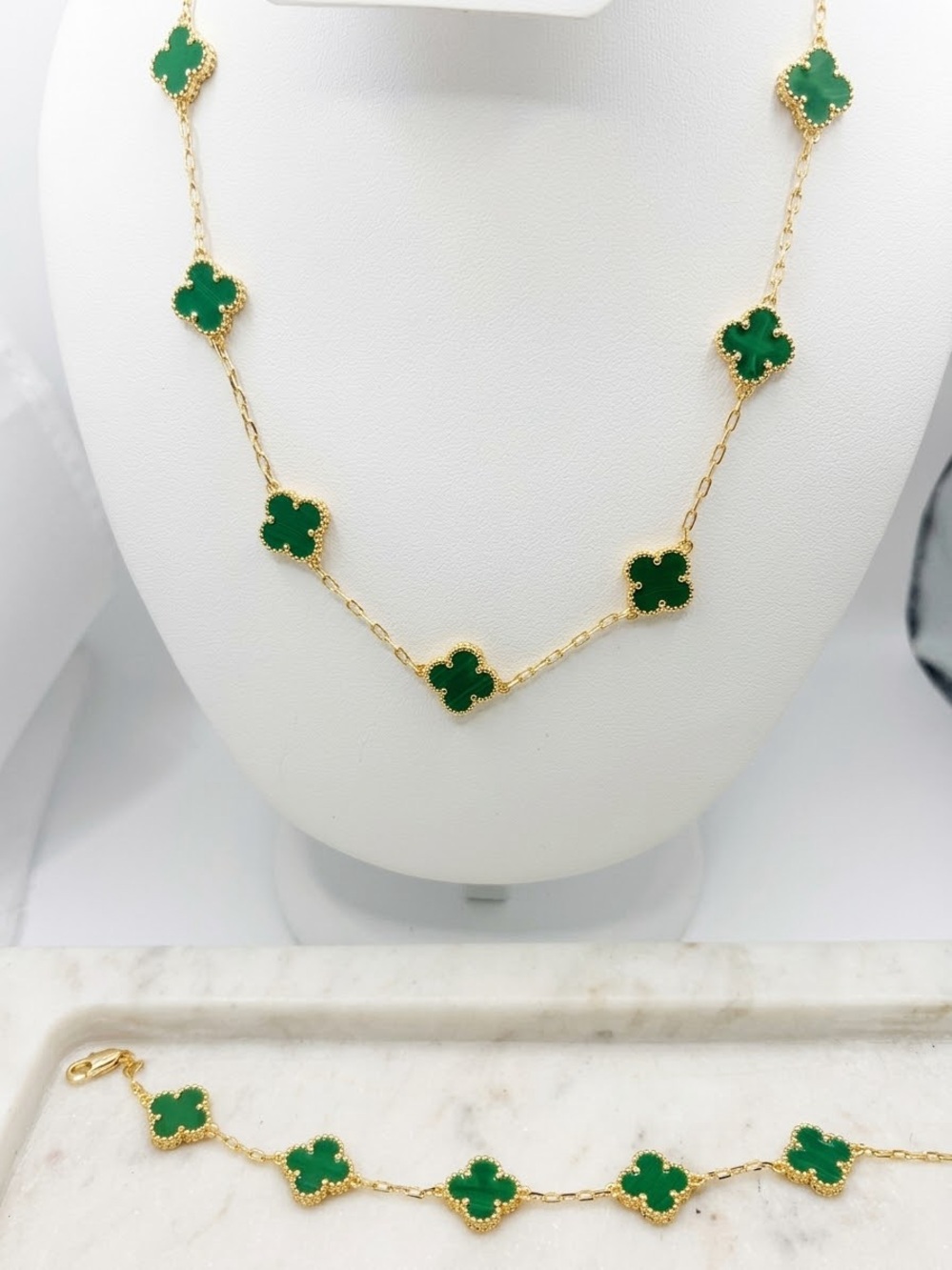 Gold Clover Station Necklace with Green Accents